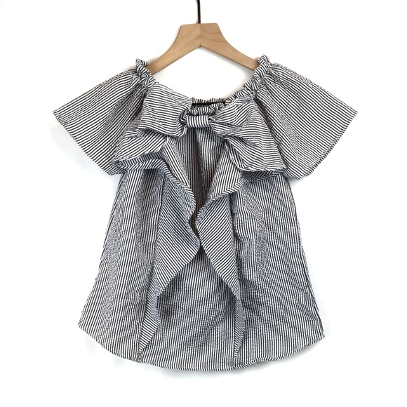 Tops - Seersucker White Grey Striped Bow Short Sleeved
